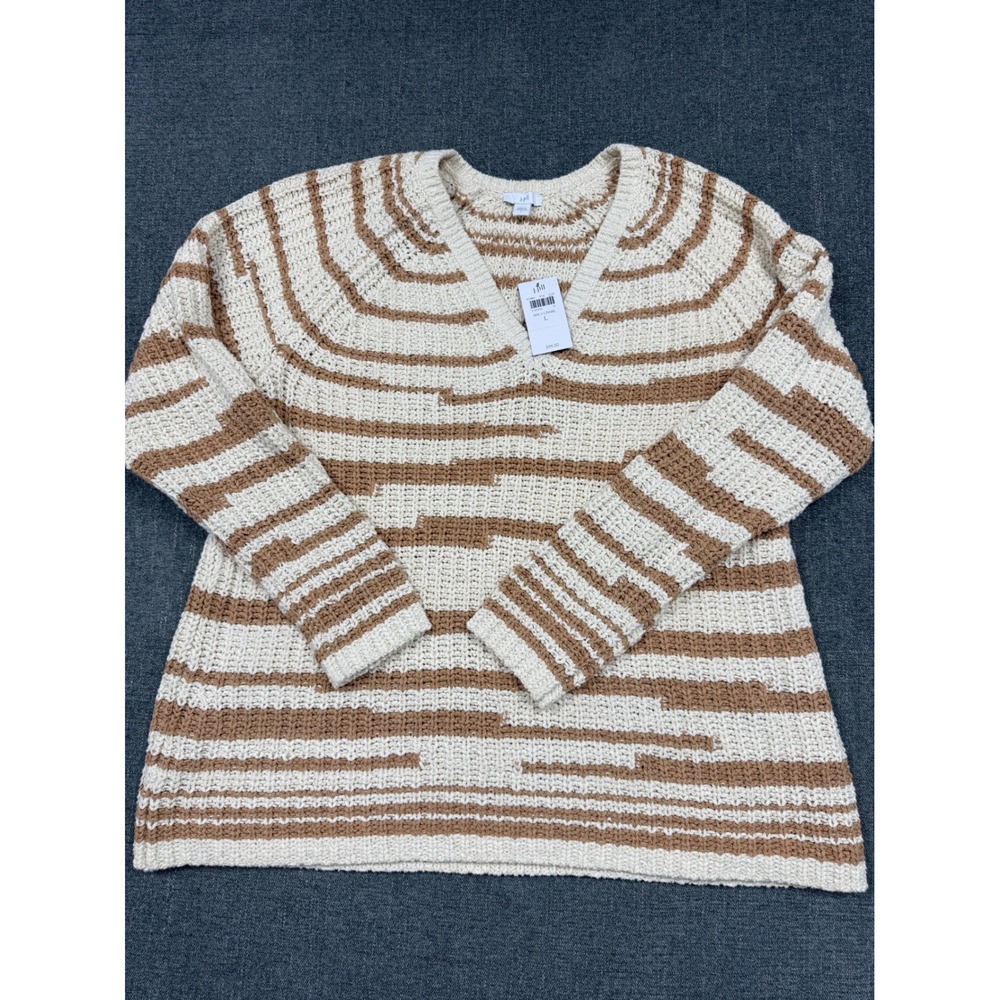 J. Jill Women L Striped Chunky Cotton Knit V-Neck Sweater Cream Brown 214861